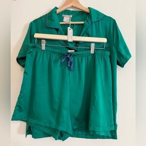 Emerald Green Short Sleeve Pajama Set with Contrast Piping